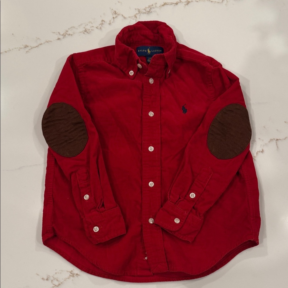 Ralph Lauren Crimson Corduroy Button Down Shirt with Chocolate Elbow Patches 4T